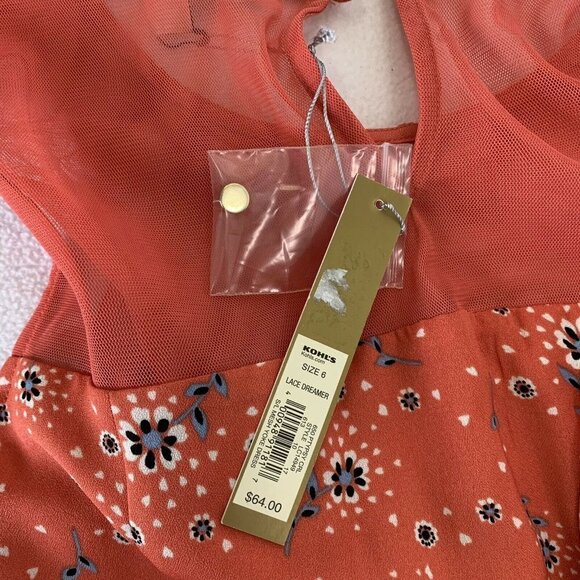 Lauren Conrad Dress 6 Floral Orange Coral Sleeveless Scalloped Collar Lined - Picture 8 of 10